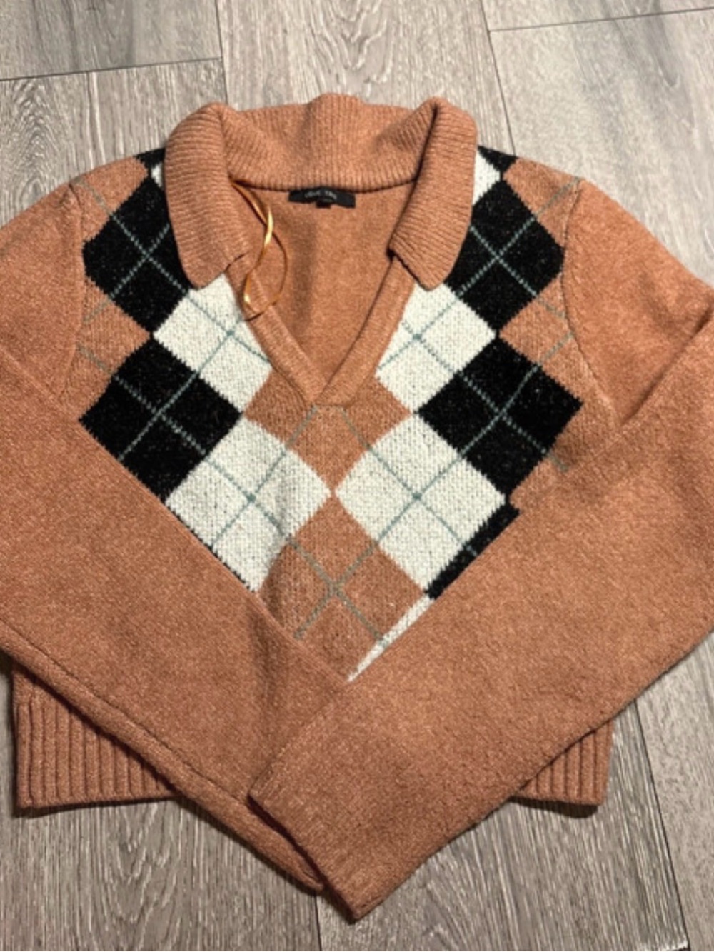Rust Argyle Collared V-Neck Sweater - Women's